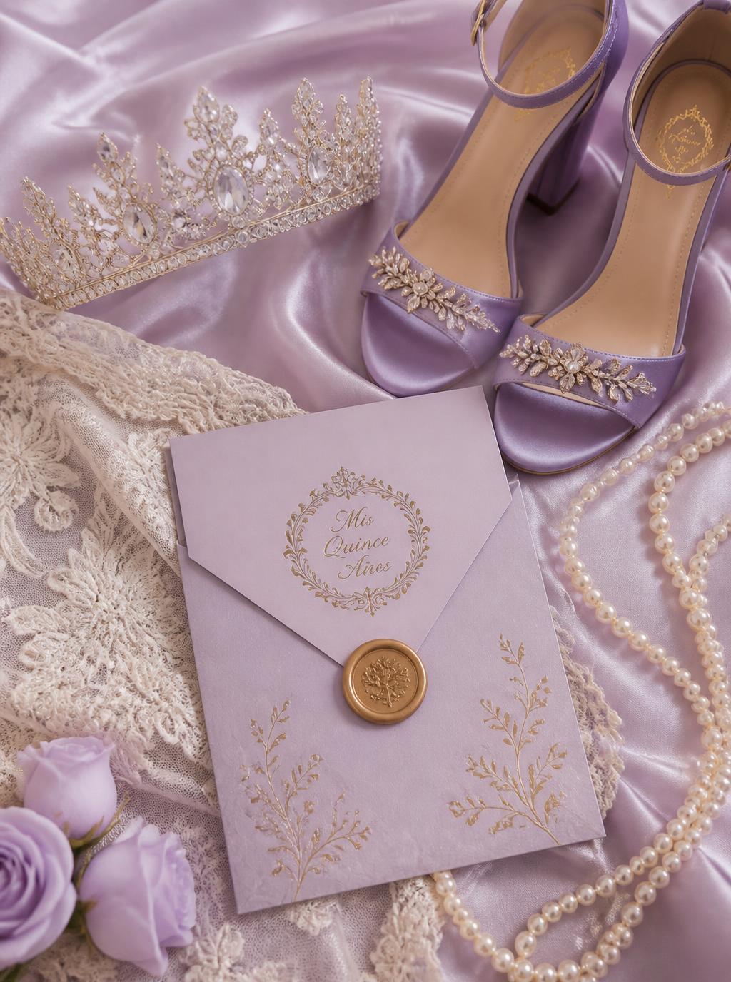 Tiara, zapatillas lila, perlas e invitación con sello dorado