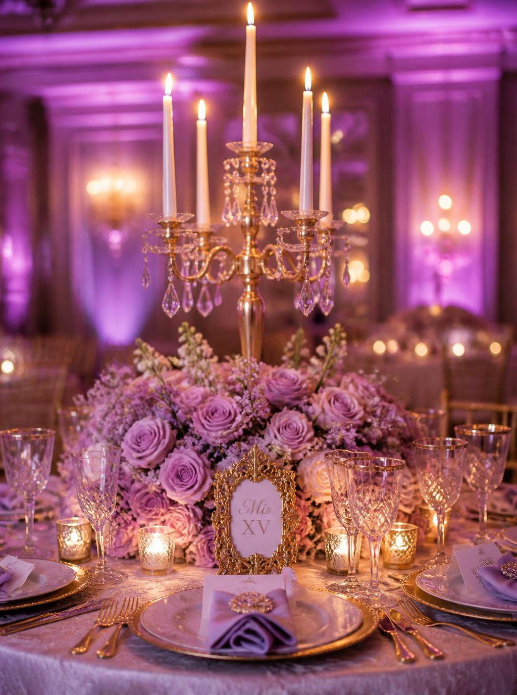 Mesa decorada con candelabro dorado y rosas lavanda