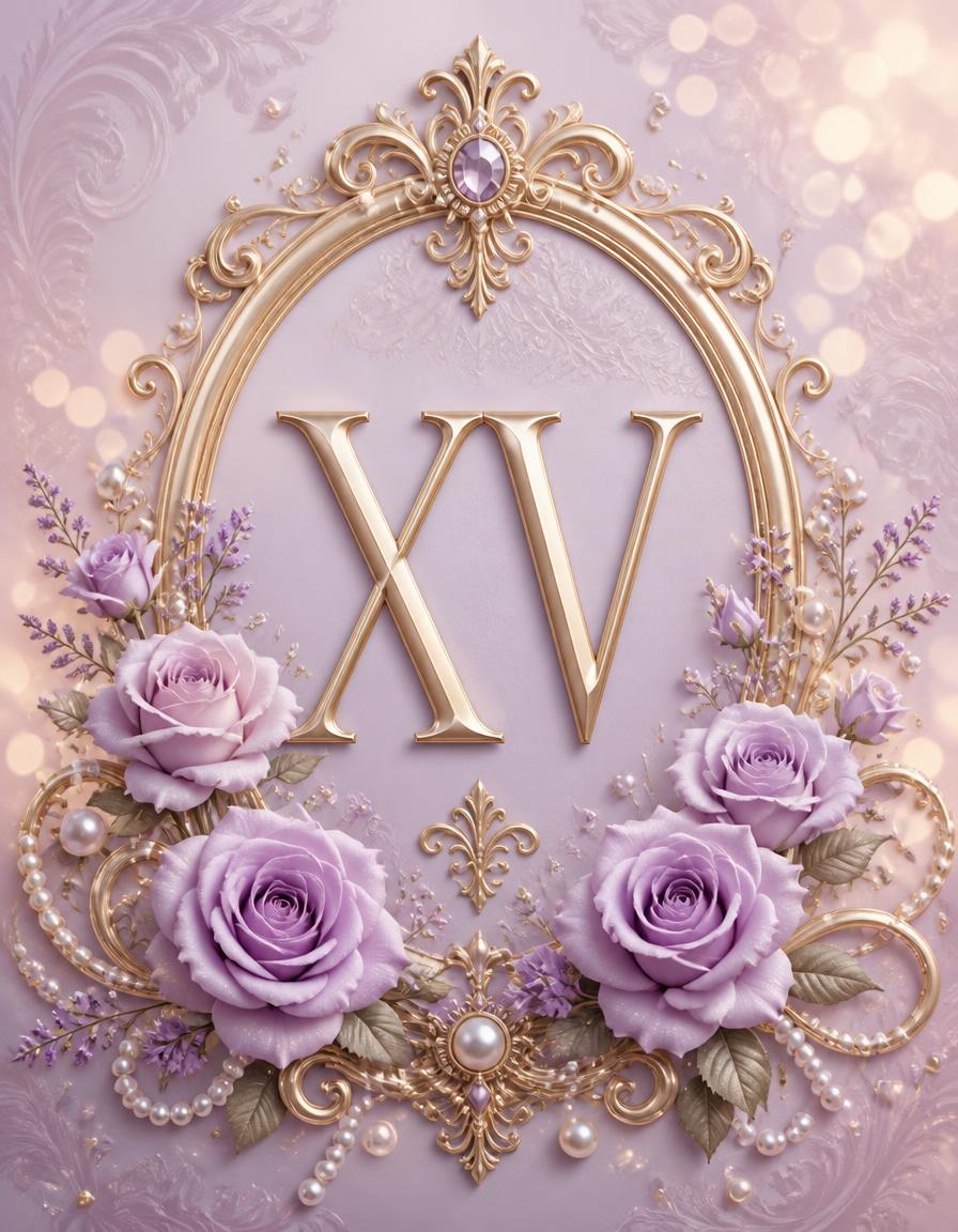 Marco dorado ornamental con el número XV, rosas lavanda y perlas